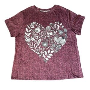 Heather Fuchsia look Top with White Floral Heart Print Crew Neck Short Sleeve 3X